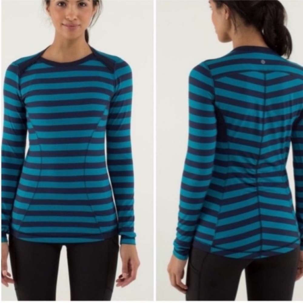 Lululemon Base Runner Long Sleeve Micro Macro Stripe Surge / Inkwell Sz 4